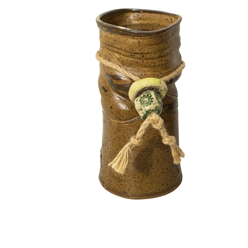 Vintage Studio Pottery Vase  Brown Rustic Stoneware Jute Bead Accent